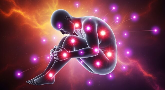 Conceptual human form with highlighted pain points and energetic particles