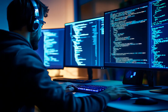 Cybersecurity expert wearing headphones coding on multiple monitors, performing penetration testing for data protection