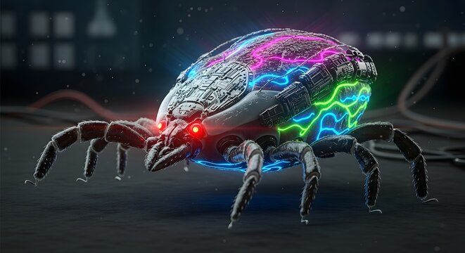 High tech cybernetic beetle concept vehicle with illuminated circuitry exoskeleton