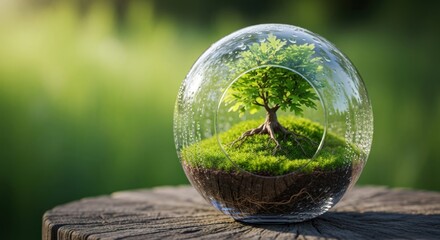 Environmental Protection Terrarium: Small Green Tree Growing Inside a Glass Sphere on a Wooden Stump for Ecology, Conservation, and Nature Science