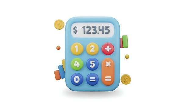 3D cartoon calculator icon with rounded edges and colorful buttons, playful pastel design, symbolizing math, finance, budgeting, and accounting, isolated on white background.