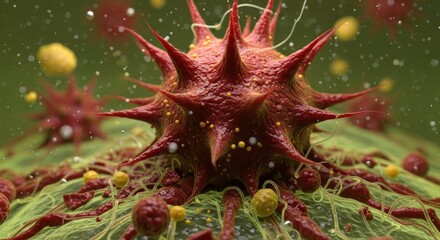 Cancer Cell Microscopic View: Close-up 3D Render of a Red Spiky Cancer Cell Dividing and Spreading for Oncology Research and Medical Science