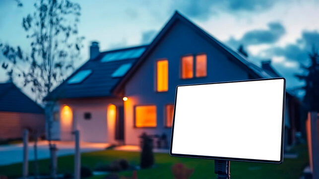Digital screen with a blank white display showing a monitoring concept in front of a modern house at dusk