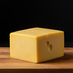 An enormous, vibrant yellow block of classic, generic, highly processed cheese sitting on a simple wooden board background ,kitchen ,staple ,processed