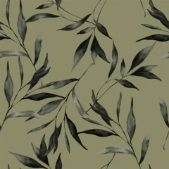 Gordijnen Bladeren Botanical seamless pattern featuring watercolor-style dark charcoal grey leafy branches on a olive green background  © momosama