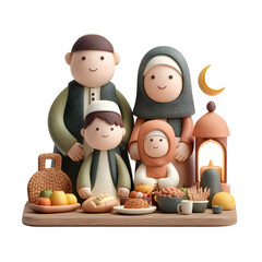 Fototapeta premium A cheerful 3D stylized Muslim family enjoys a festive food table setting celebrating Ramadan or Eid traditions