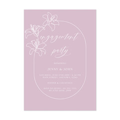 Engagement party invitation template with large, continuous single-line drawings of lilies arch frame on a mauve background © momosama