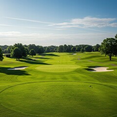 An expansive, verdant golf course landscape under a clear sky, showcasing lush fairways and natural contours. Perfect for a tranquil backdrop ,elegant ,green ,peaceful
