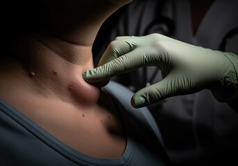 Medical professional examining a large swollen lymph node on a patient neck.