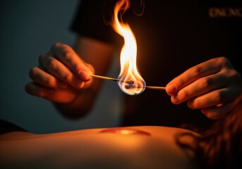 Therapist hands holding burning moxa sticks with intense flame during traditional heat therapy.