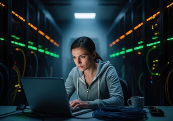 Cybersecurity expert woman coding on laptop in a dark data center server room