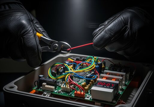 Tense close up of gloved hands cutting a red wire on a timed electronic circuit