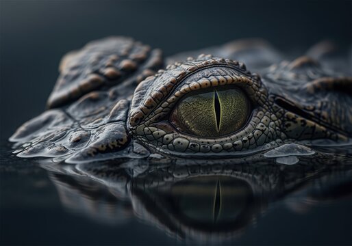 Intense predatory crocodile eye emerging from the surface of murky dark water