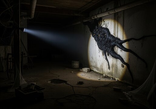 Terrifying black alien entity emerging from a hole in a dark derelict basement wall