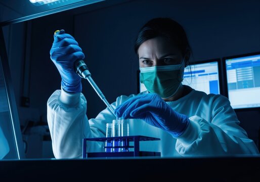 Woman scientist in mask and gloves conducting critical research using a micropipette. - Powered by Adobe