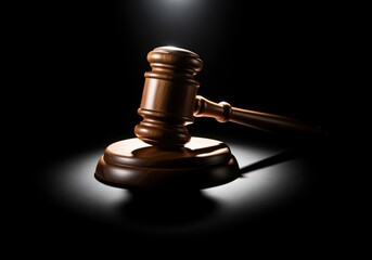 Dramatic spotlight on a wooden judge gavel and sounding block against a black background.
