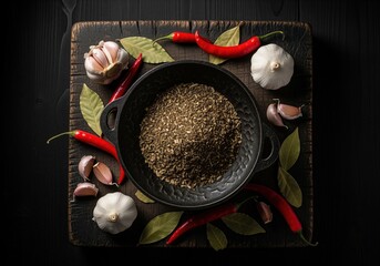 Overhead view of dried spices in a bowl with red chili, garlic, and bay leaves on a dark rustic board.