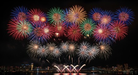 Vibrant Night Fireworks Over City Skyline Bridge.