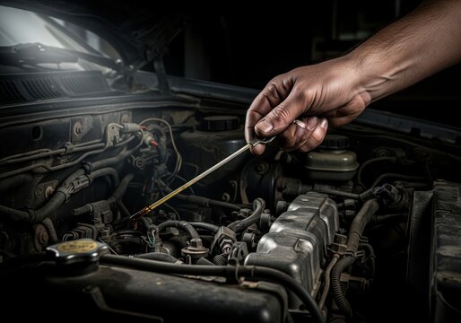 Mechanic hand checking engine oil level with a dipstick in a dark workshop.