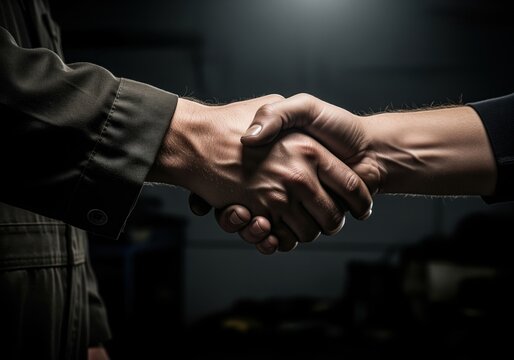 Powerful handshake between two men wearing work uniforms in a dark workshop