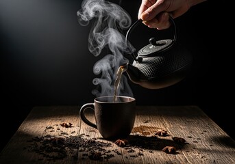 Dramatic close up of a hand pouring hot tea from a cast iron teapot into a steaming cup on a rustic wooden table