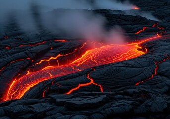 Fototapeta premium Intense glowing river of molten lava flowing across dark cracked volcanic basalt rock formation.