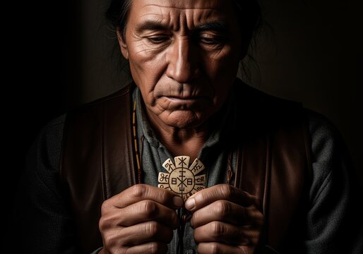 Dramatic portrait of an elder man holding a carved spiritual amulet pendant. - Powered by Adobe