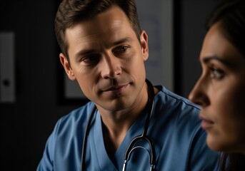 Male doctor in blue scrubs listening intently to a woman during a serious medical consultation