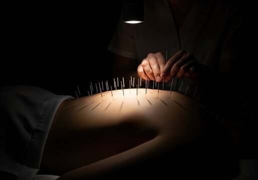 Low key artistic shot of a therapist applying acupuncture needles to a patient back.