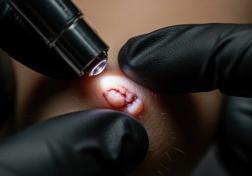 Medical examination of a skin papilloma or wart with illuminated dermatoscope