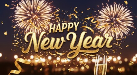 Happy New Year Fireworks Celebration Gold Champagne.