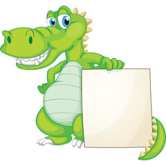 Cartoon Green Dinosaur Standing and Holding a Blank Sign with a Transparent Background for Customization