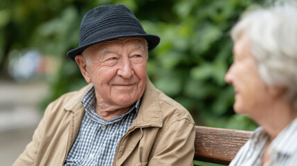 Elderly friends sitting on bench in hospital garden, enjoying conversation
