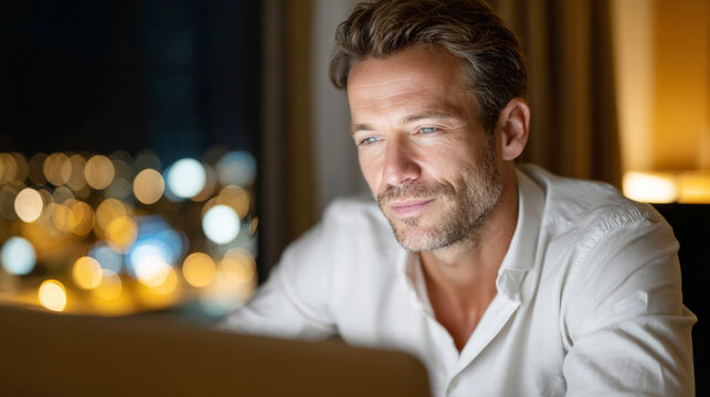 Business travel concept: man engaged with digital presentation in modern setting - Powered by Adobe