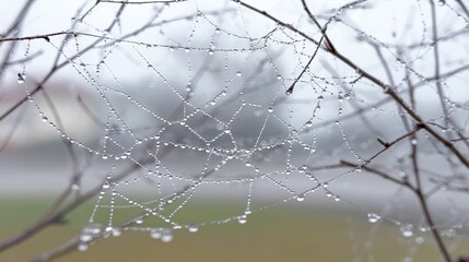 Dew drops, on spider web amidst bare branches, delicate translucent spheres, misty outdoor background, macro view