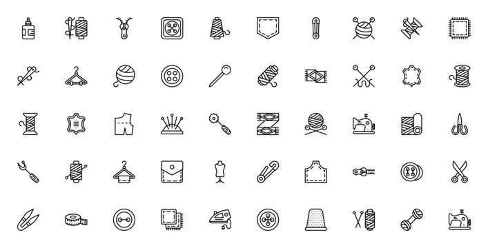 Sewing_1850 icon set. Vintage sewing vector icons. Icludes symbols for thread,button, zipper, scissors, ewing machine, fabric, neele and more. Editable stroe.