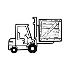 Forklift Truck Lifting a Wooden Crate in Black and White.
