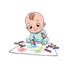 Baby boy drawing with pencil, illustrating colorful childhood fun and education at a school table