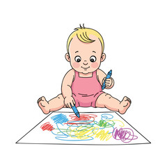 Cute little girl playing with a toy and drawing with chalk, illustrating childhood fun, education, and art