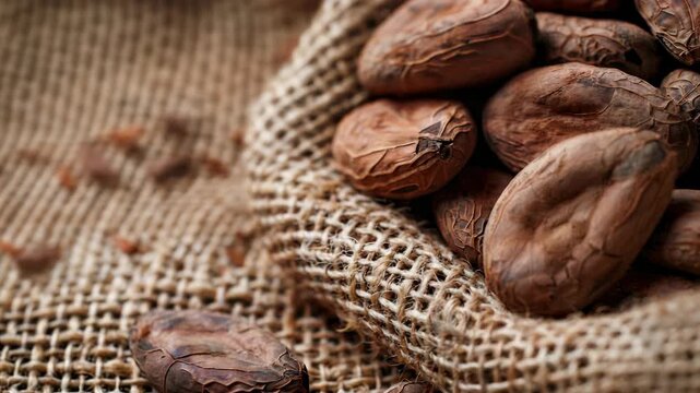 Close-up of cocoa beans on burlap for chocolate making