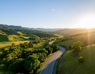 Scenic Winding Road Through Rolling Green Hills Under the Warm Glow of the Sunset
