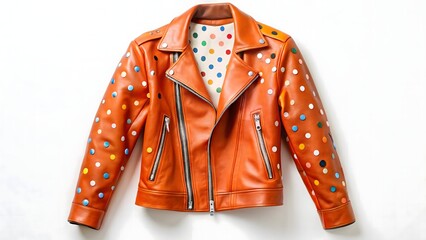Orange leather biker jacket with colorful polka dot lining
