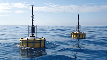 Two buoy-like instruments float on calm ocean waters, designed for data collection and environmental monitoring.