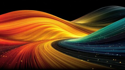 Abstract flowing colorful lines on a dark background create a dynamic wave effect.