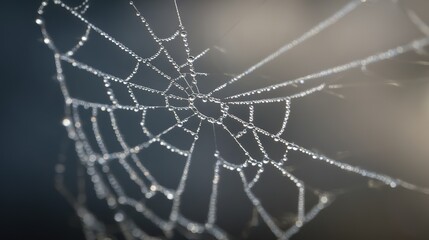 Spider web, with dew drops, intricate pattern, against blurred dark background, macro view