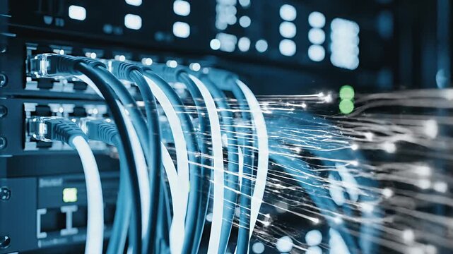 Dynamic data flow through glowing ethernet cables connected to a server switch in a secure data center illustrating high-speed internet and digital network technology - Powered by Adobe
