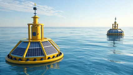 Two yellow solar buoys float in calm blue waters, equipped for monitoring and collecting data at sea, reflecting a serene marine environment.