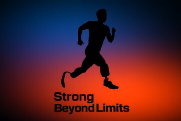 Inspirational silhouette of an amputee athlete running with a prosthetic leg, embodying the spirit of being strong beyond limits and achieving personal triumph