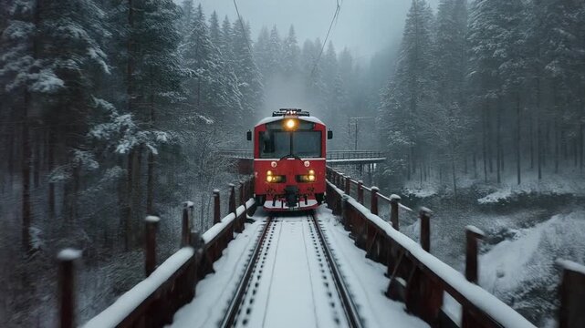 A vibrant red train on a scenic railway journey, traversing a trestle bridge in a magical, snowy winter wonderland