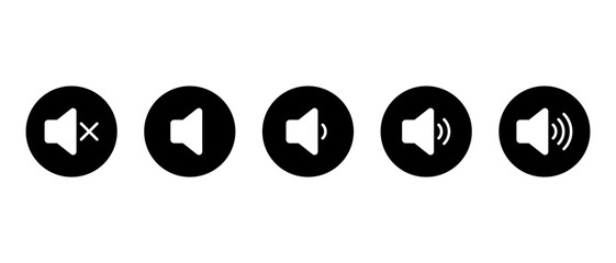 Speaker volume icon in black circle. Sound and audio level symbol. Mute and loud speaker sign